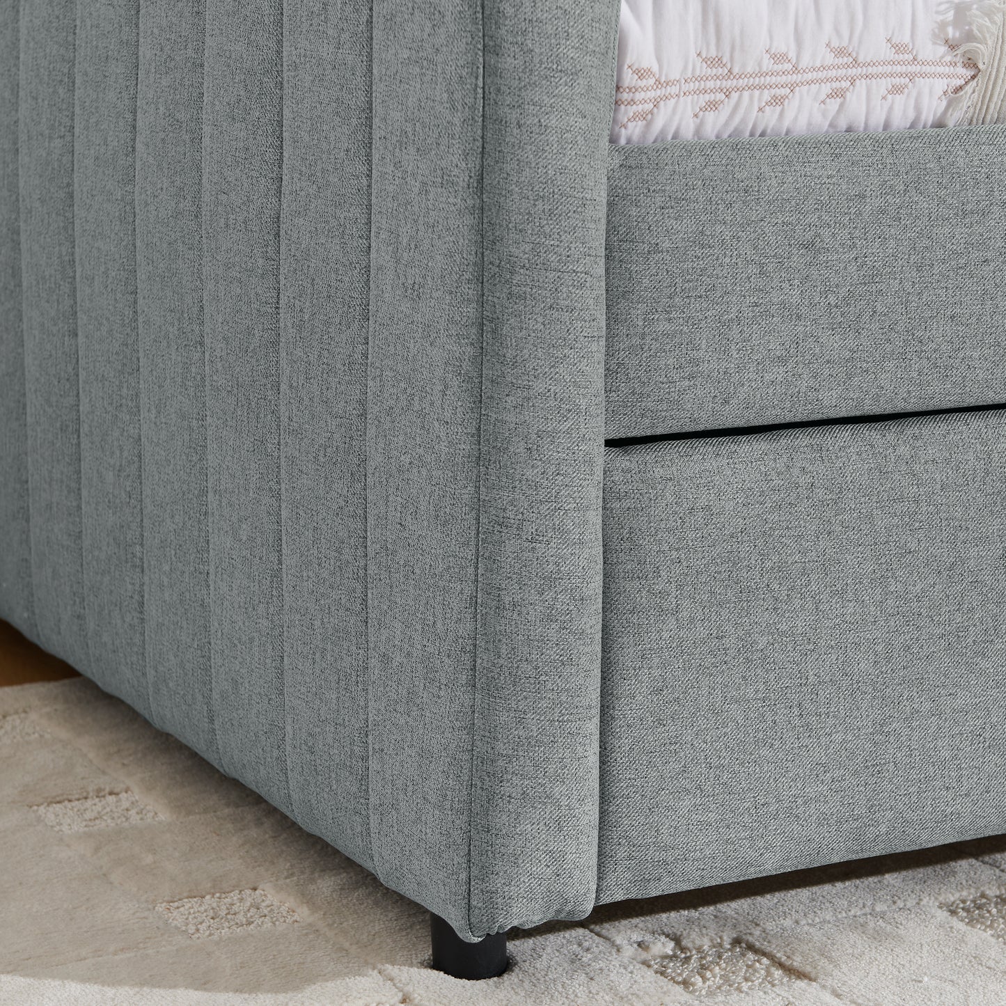 Twin Size Daybed with Trundle Upholstered Sofa Bed, with Vertical Stripes, Linen Fabric, Grey (82.5"x43"x30") image 10