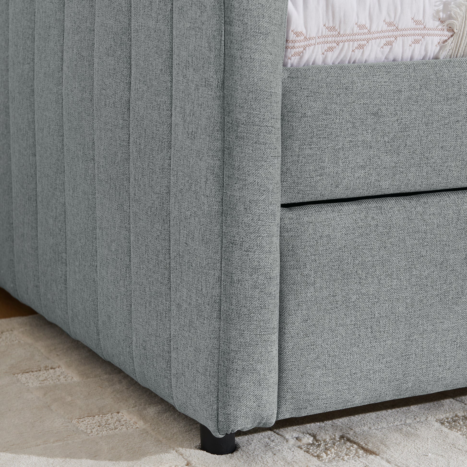 Twin Size Daybed with Trundle Upholstered Sofa Bed, with Vertical Stripes, Linen Fabric, Grey (82.5"x43"x30") image 10