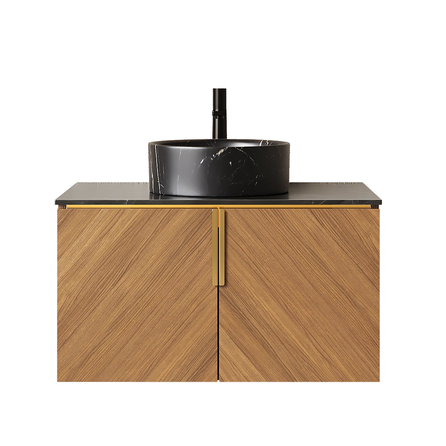 ARAI 30" Bathroom Vanity&Sink, Wall-Mounted Plywood Bathroom Storage Cabinet with Double Doors, Black Sintered Stone Countertop&Black Round Ceramic Basin with Stone Pattern, Brown Oak Woodgrain Color image 4