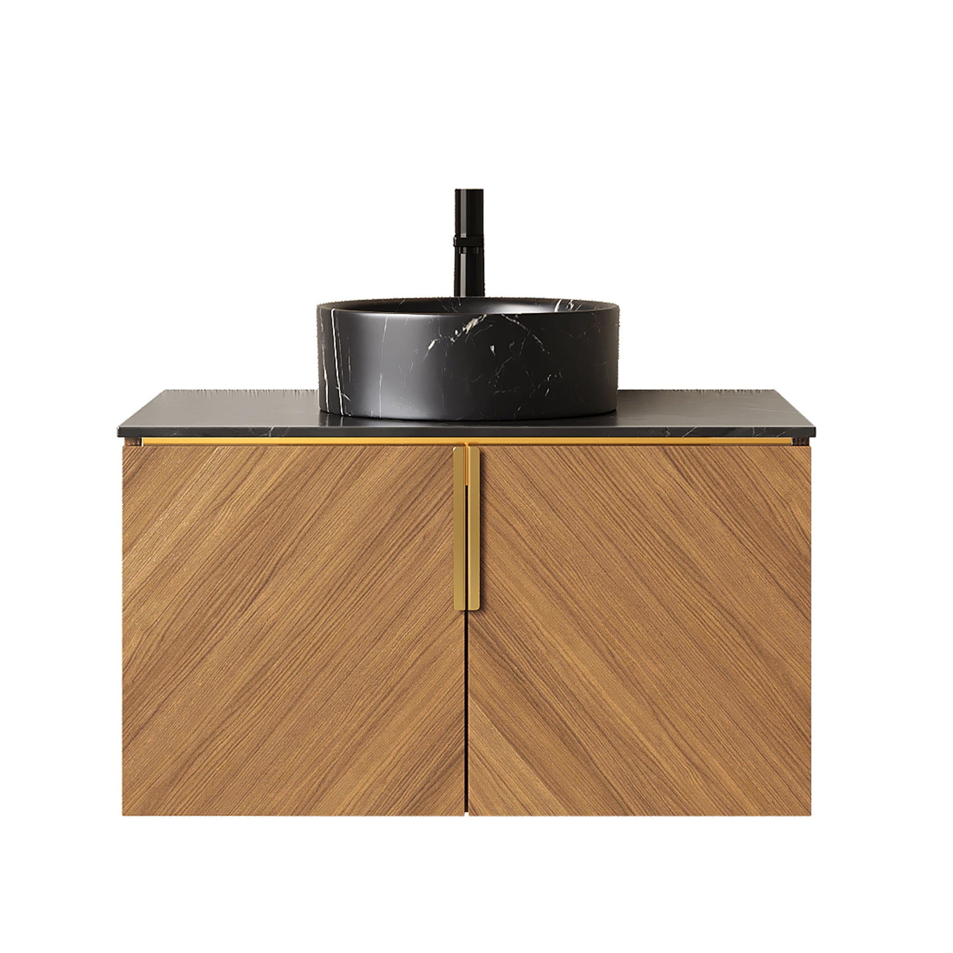 ARAI 30" Bathroom Vanity&Sink, Wall-Mounted Plywood Bathroom Storage Cabinet with Double Doors, Black Sintered Stone Countertop&Black Round Ceramic Basin with Stone Pattern, Brown Oak Woodgrain Color image 4