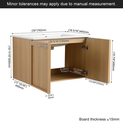 30" Floating Bathroom Vanity with Sink, Wall-Mounted Modern Light Oak Cabinet, Thin Edge Ceramic Basin, Soft-Close Doors, Spacious Storage, Easy Installation image 10