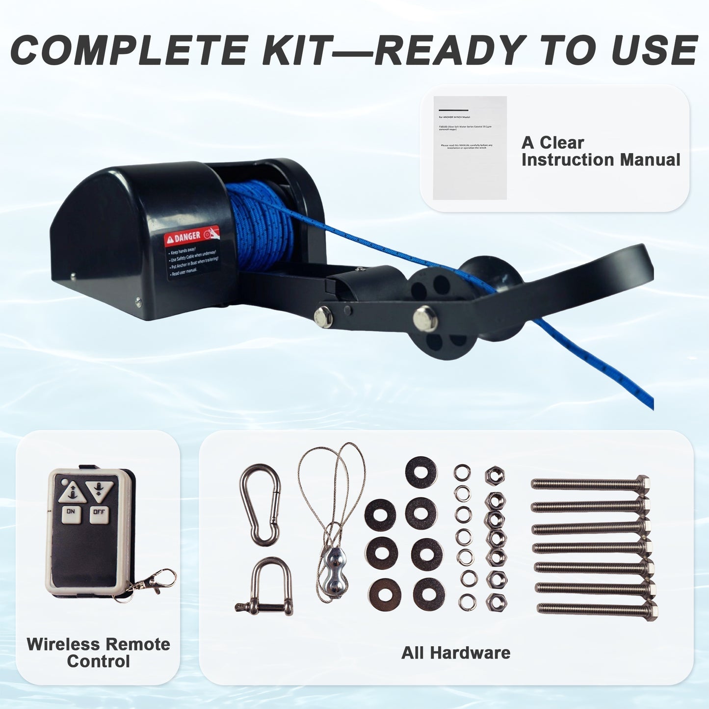 35 lbs Electric Anchor Winch 12V Marine Boat Windlass Kit - Heavy Duty Saltwater Towing Winches with Remote Control & 100ft Pre-Wound Rope - Complete Set for Speedboat, Fishing & Pontoon Boats (Black) image 2