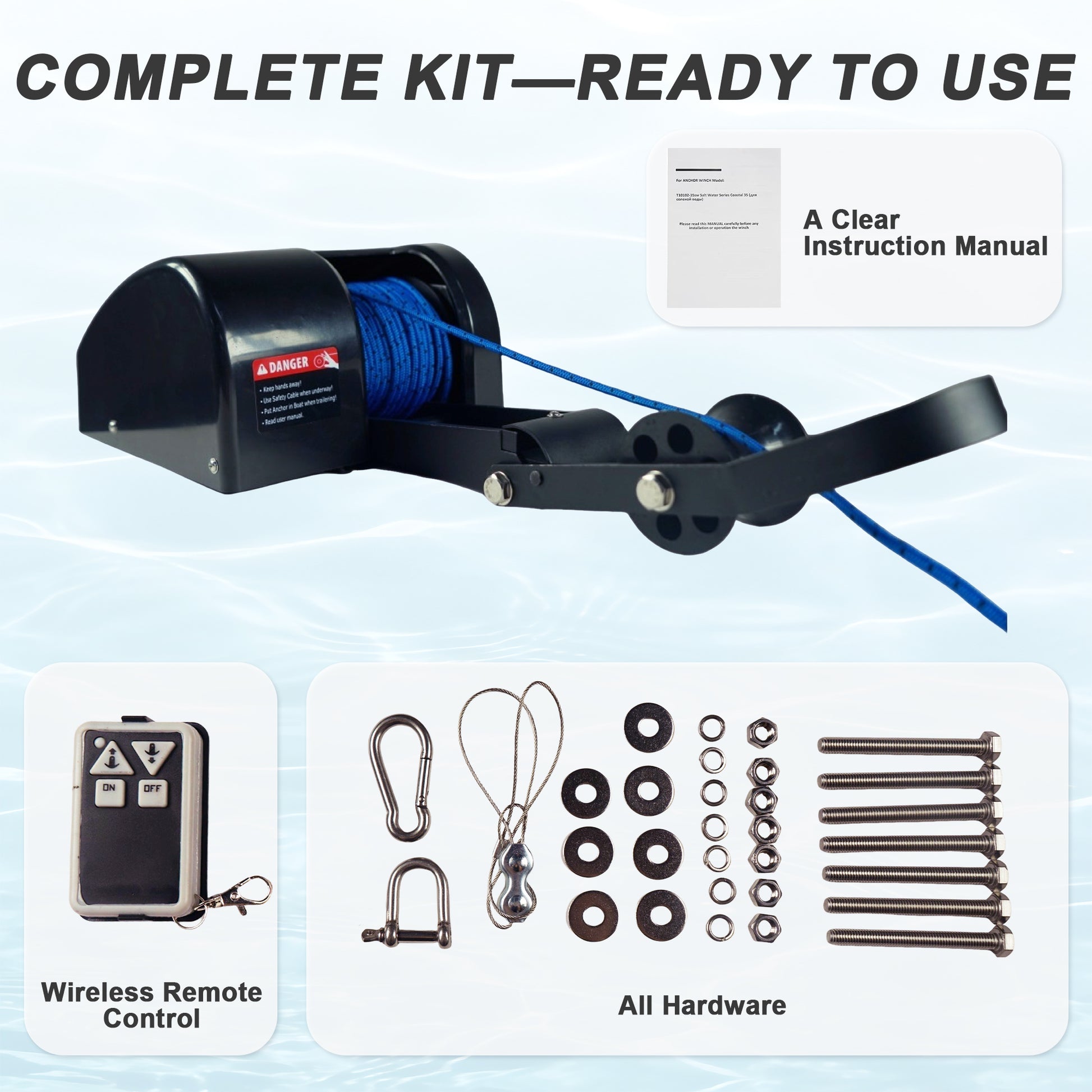 35 lbs Electric Anchor Winch 12V Marine Boat Windlass Kit - Heavy Duty Saltwater Towing Winches with Remote Control & 100ft Pre-Wound Rope - Complete Set for Speedboat, Fishing & Pontoon Boats (Black) image 2