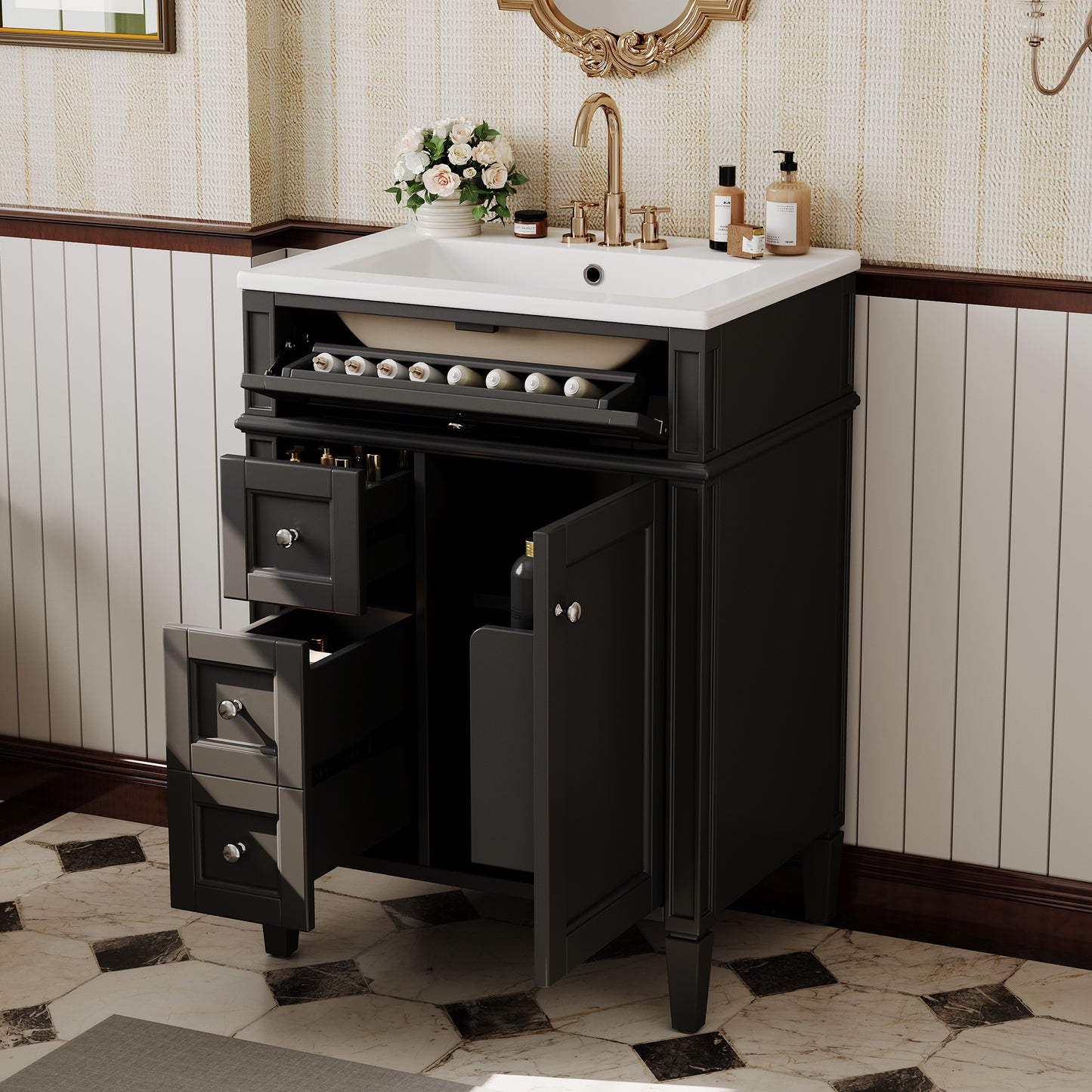 24'' Bathroom Vanity with Top Sink, Modern Bathroom Storage Cabinet with 2 Drawers and a Tip-out Drawer, Single Sink Bathroom Vanity image 2