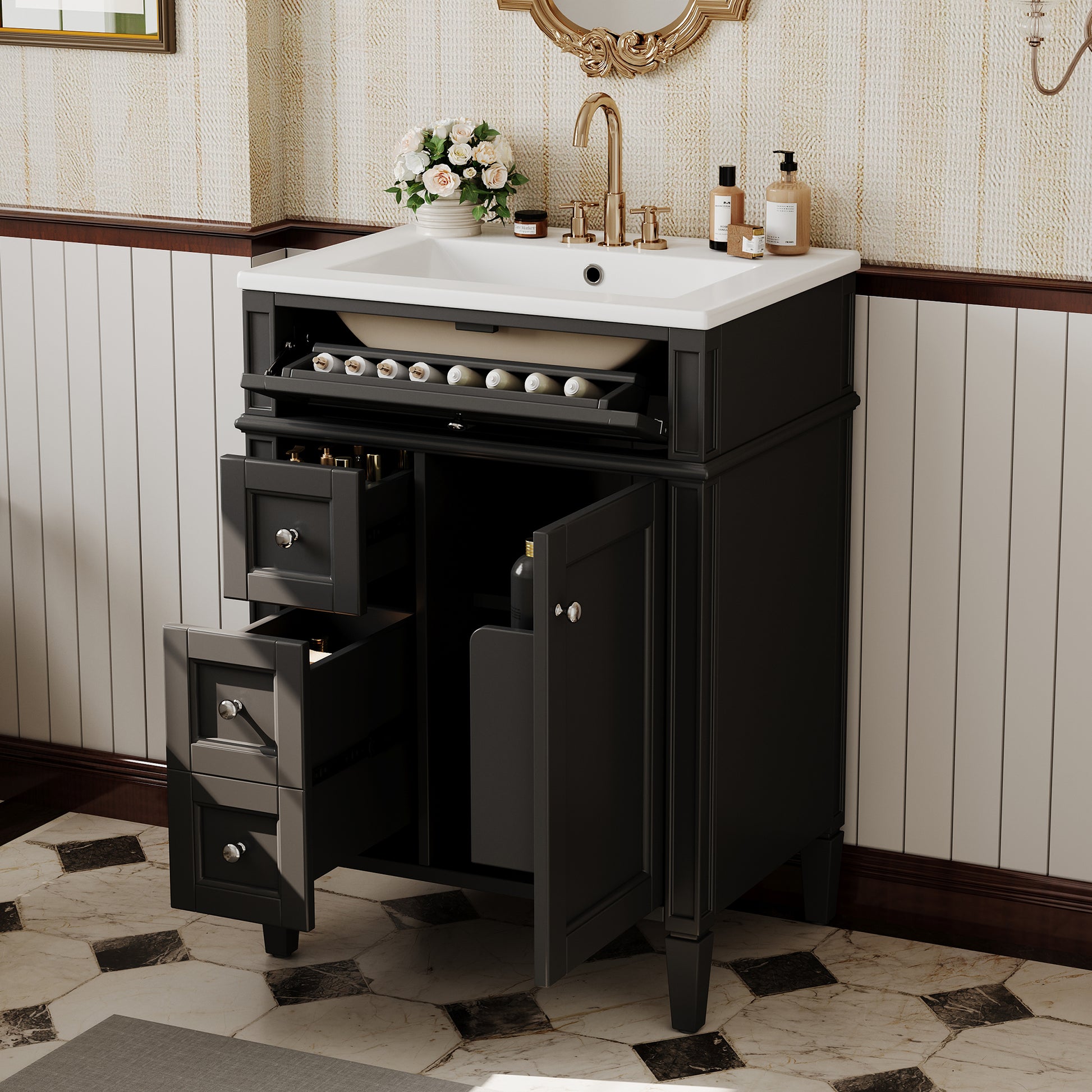 24'' Bathroom Vanity with Top Sink, Modern Bathroom Storage Cabinet with 2 Drawers and a Tip-out Drawer, Single Sink Bathroom Vanity image 2