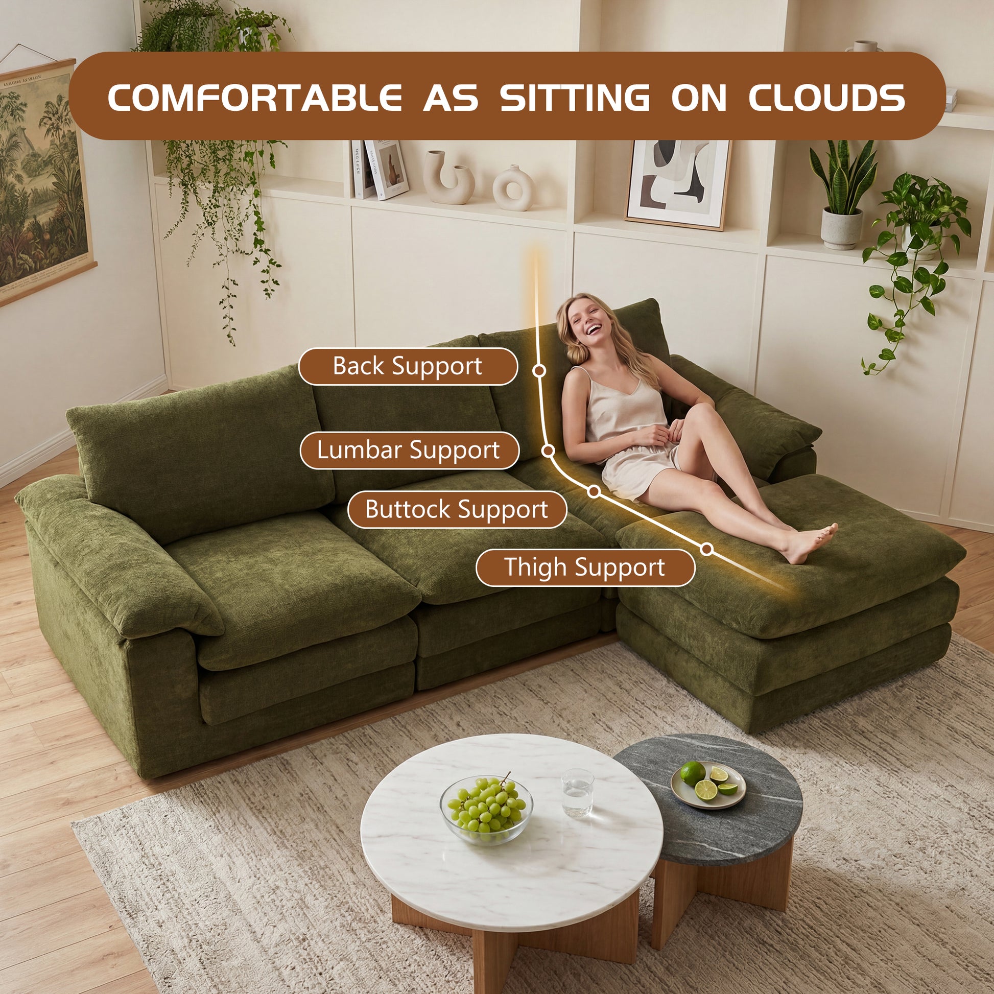 Modular Sectional Sofa, L Shape Cloud Couch with 1 Movable Ottoman, Comfy Chenille Deep Seat Sofa with Soft Pillows for Living Room Apartment (Green) image 5