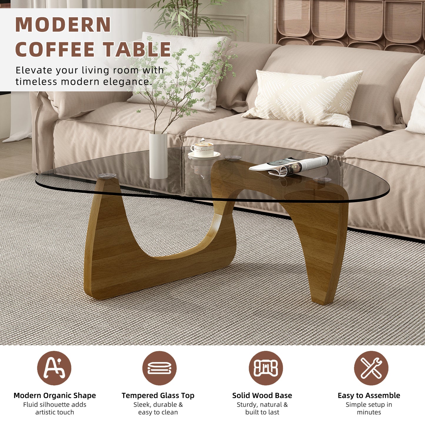Modern Glass Coffee Table, 32.3" x 23" x 16" Mid Century Modern Coffee Table, Sleek Coffee Tables, Suitable for Bedroom Living Room Reception Office Tables,Walnut image 2