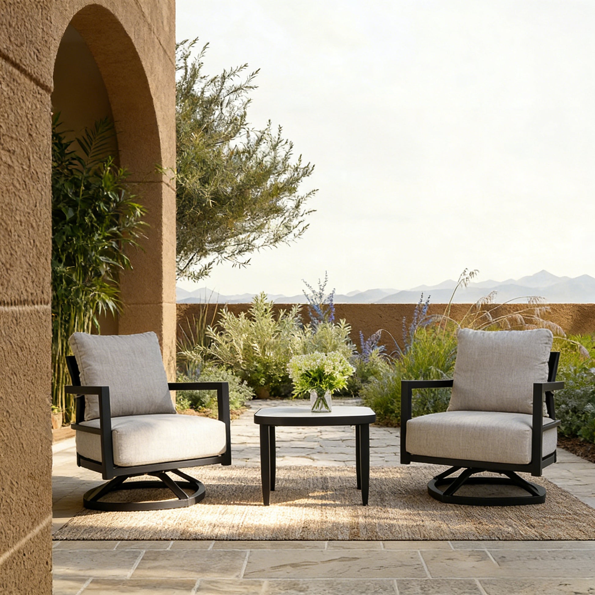 3PC Outdoor Aluminum Patio Furniture,Modern Fully Weld Swivel Lounge Chair Chat Set,Sunbrella Cushions,Elegance Arc 23.6'' Side Table with Greek White Marble-Inspired Sintered Stone Top,Ember Black image 10