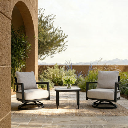 3PC Outdoor Aluminum Patio Furniture,Modern Fully Weld Swivel Lounge Chair Chat Set,Sunbrella Cushions,Elegance Arc 23.6'' Side Table with Greek White Marble-Inspired Sintered Stone Top,Ember Black image 10