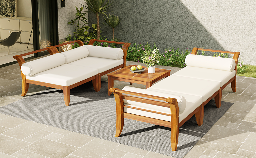 TOPMAX 6 Piece Patio Sofa Set, Acacia Wood Outdoor Modular Sectional Garden Furniture Set L-Shaped Conversation Set, Convertible Daybed with Tea Table, Ottoman, 5 Cushions and Pillows, Teak+Beige image 4