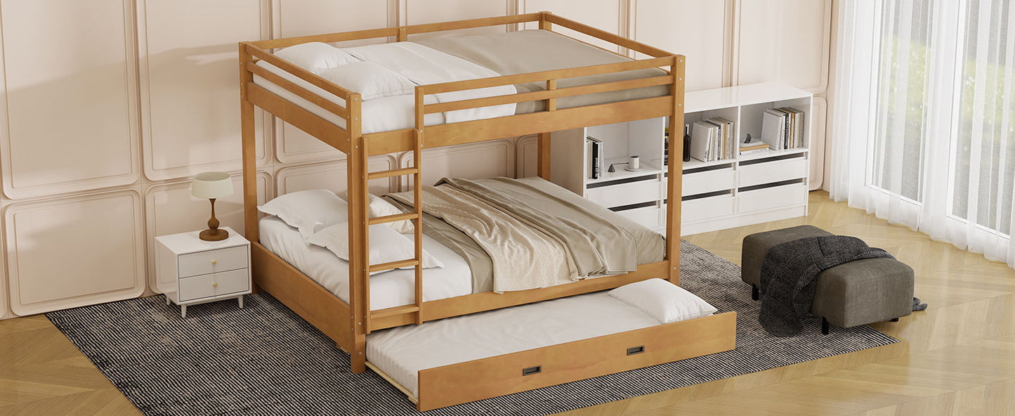 Wood Queen Size Bunk Bed with Ladder and Trundle, Wood Color image 7