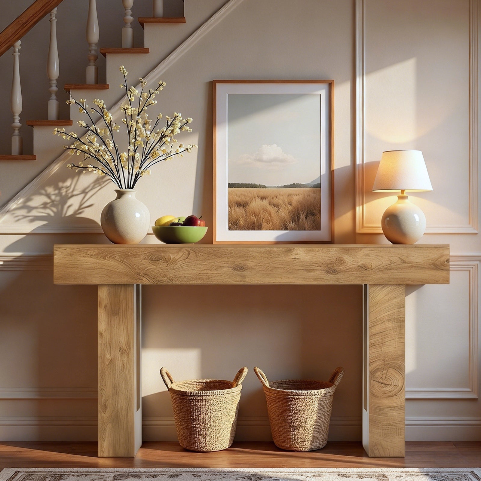 63'' Long Console Table, Farmhouse Entryway Table with Storage, Native Wood Grain Tree Scars, Wooden Rectangular Sofa Table Behind Couch for Entrance, Hallway, Living Room, Foyer (Natural Wood) image 1