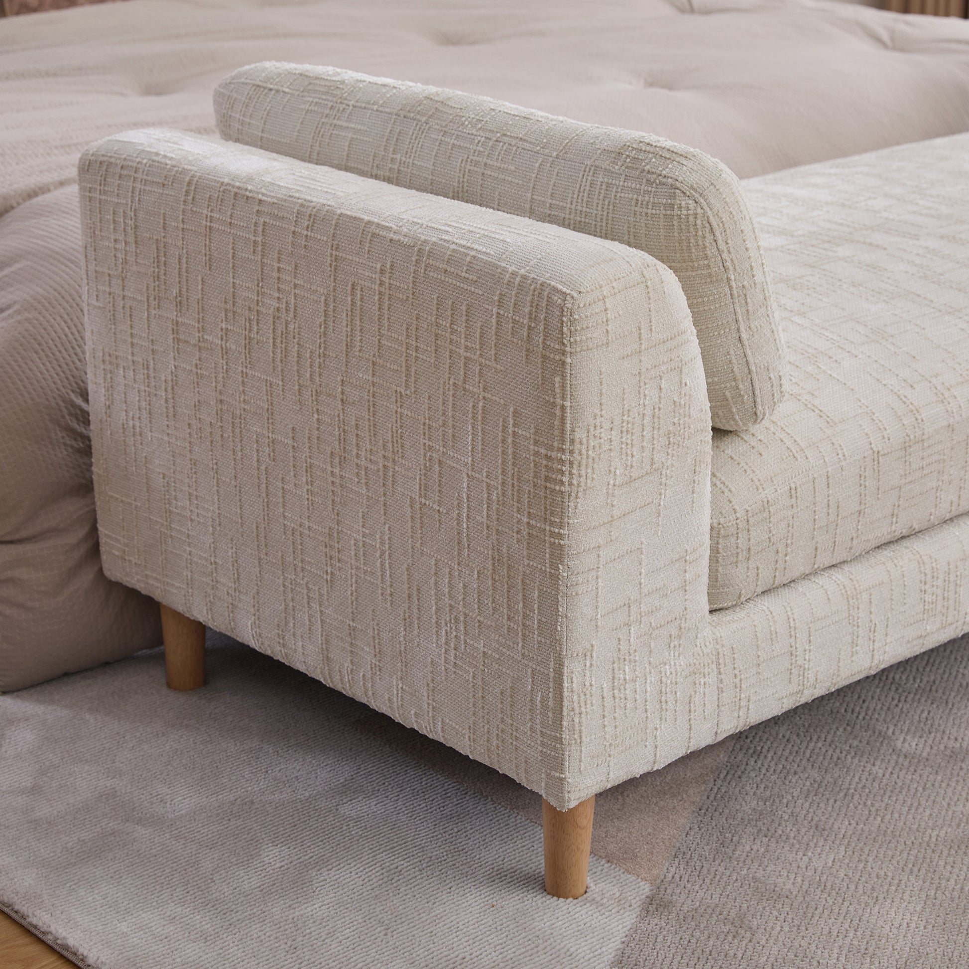 83.1"Wide Modern Upholstered End of Bed Bench with Armrests, Chenille Chaise Lounge Couch with 2 Bolster Pillows, Daybed with Rubberwood Legs For Living Room,Bedroom,Apartment,Guestroom, Beige image 5