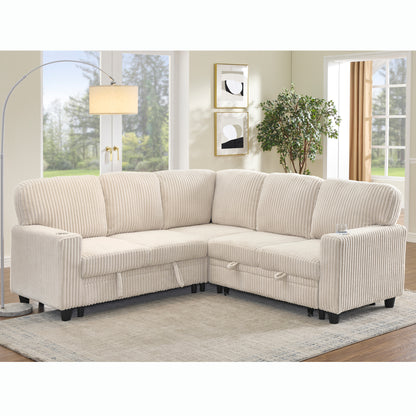 L-Shaped Sectional Sofa Bed with Pull-Out Bed & Storage, 5-Seat Sleeper Couch with USB Charging, Convertible Design for Living Room, Apartment, Corduroy Fabric, Beige image 2