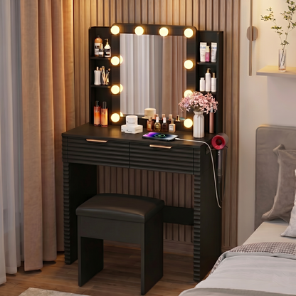 Makeup Vanity Desk with 10 Hollywood Bulbs, Fluted Dressing Table with Charging Station, 2 Drawers and 4 Open Shelves, Hairdryer Holder, Padded Stool with Storage, Black image 1