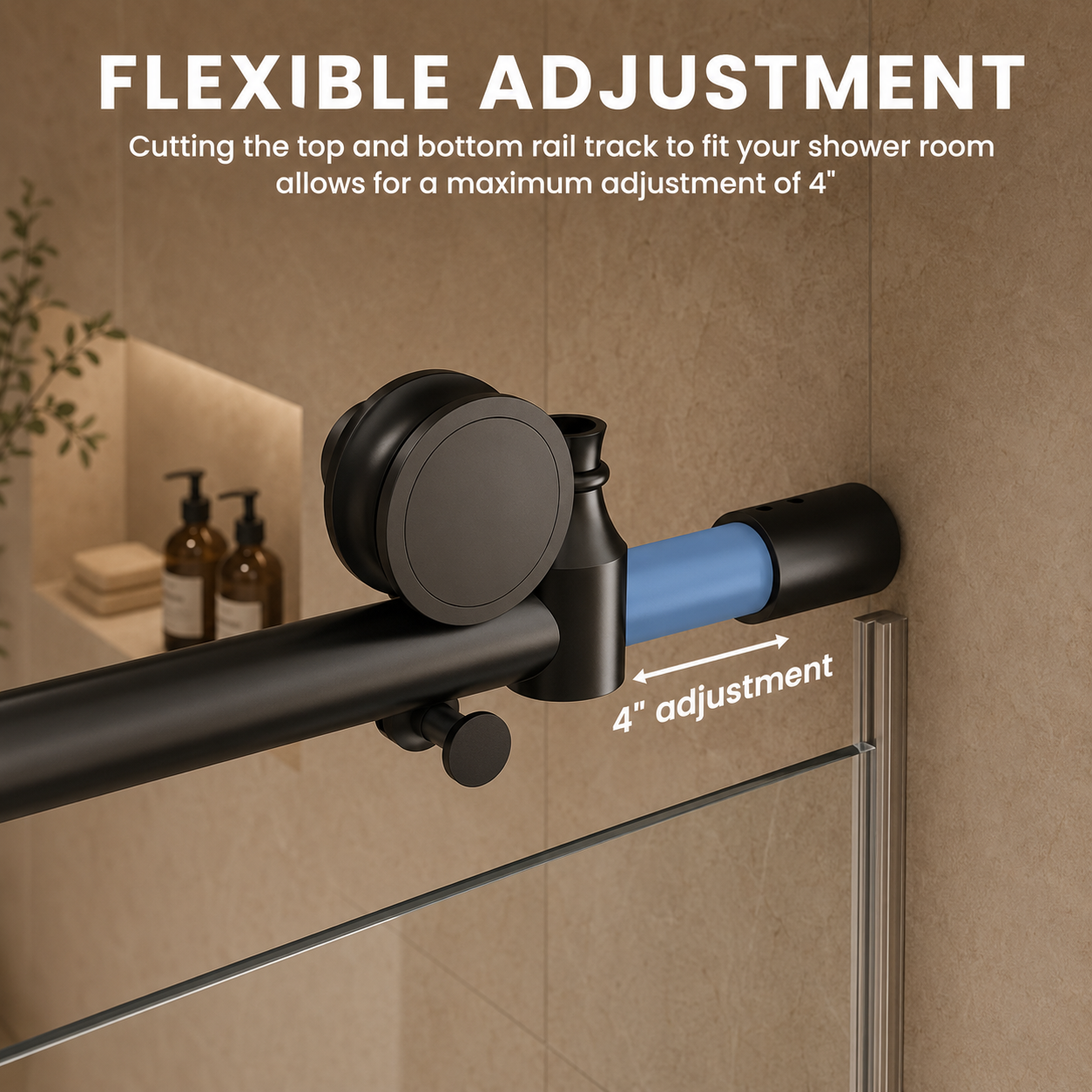 56-60" W x 76" H Frameless Sliding Shower Door, 1/4" (6mm) Clear Tempered Glass with Safety Film and Nano Coating, Stainless Steel Round Rail, Matte Black image 4
