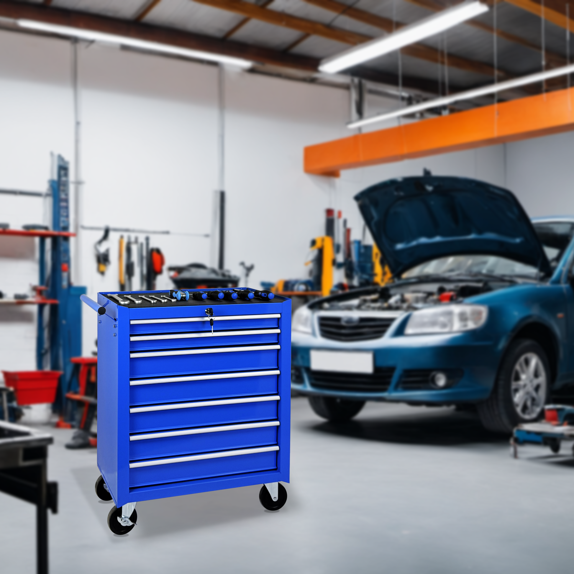 Rolling Tool Chest with 7-Drawer Tool Box with Wheels Multifunctional Tool Cart Mechanic Tool Storage Cabinet for Garage, Warehouse, Workshop, Repair Shop -BLUE image 5