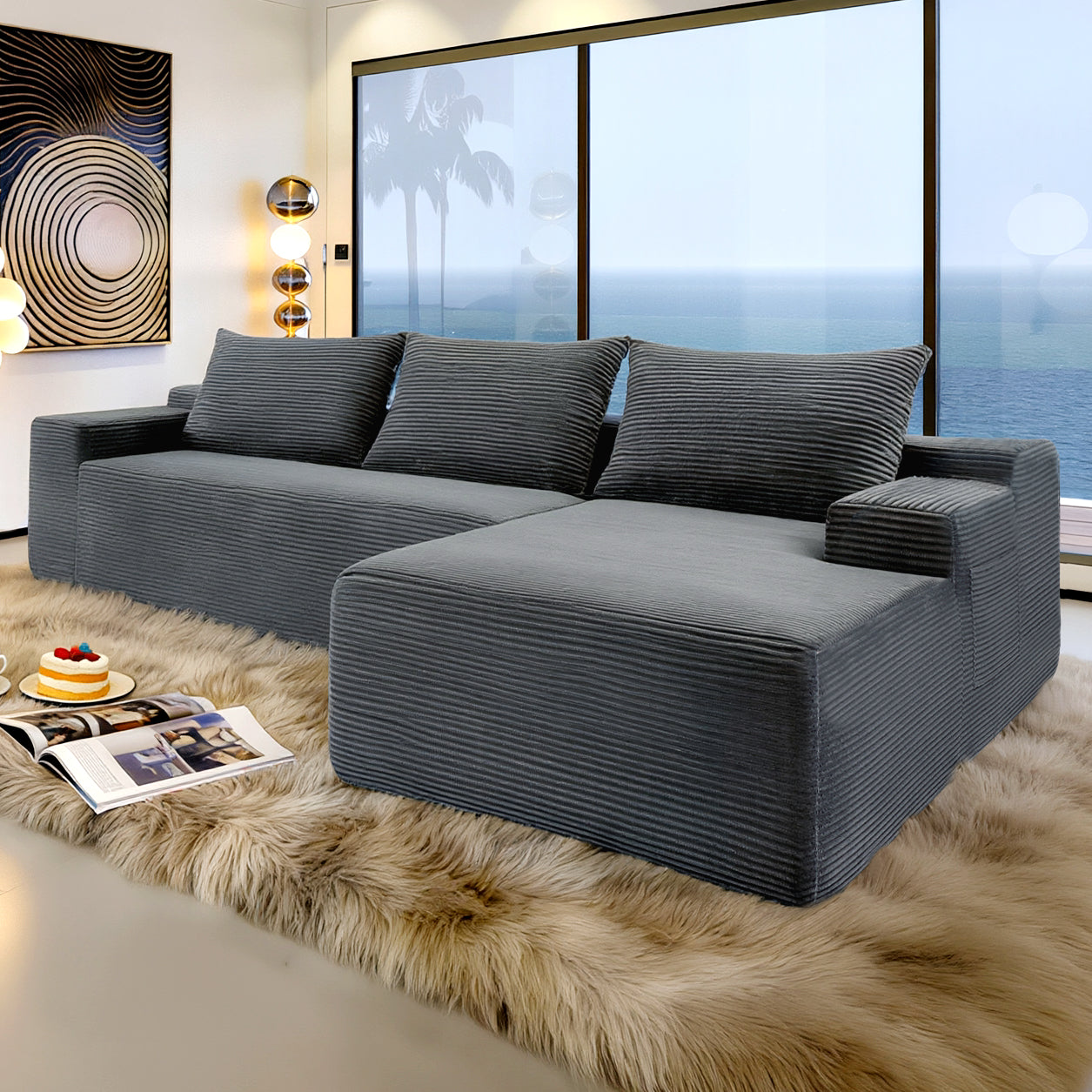 New2 96.9"Compressible doubleCloud Sectional Couch with L-Shape Chaise,Modern Modular Sofa with Deep Seat,Upholstered Couches for Living Room Bedroom,No Assembly Required, Corduroy Fabric,Grey Right image 2