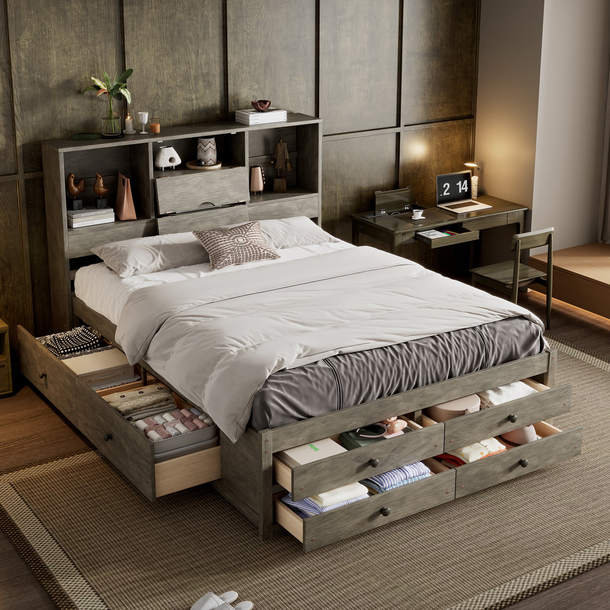 Queen Size Platform Bed with Storage Headboard and 8 Drawers, Gray image 3