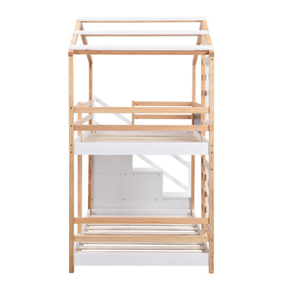 Twin over Twin Bunk Bed House Bed With Roof Windows Blackboard And Storage Ladder Platform Bed,bed Frame image 10