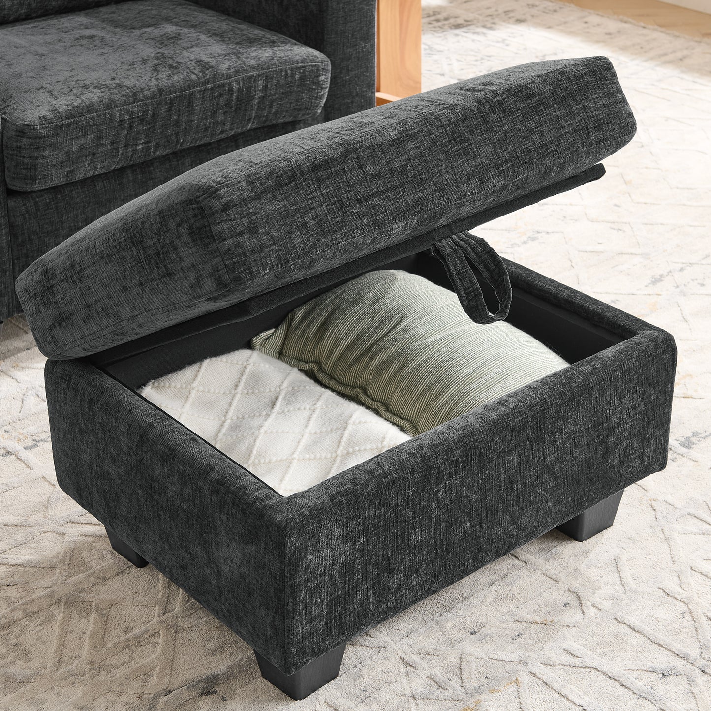 Single sofa recliner with manually adjustable backrest, USB charging port on the armrest side, phone stand included, hidden armrest storage, and a matching storage ottoman-Black image 11