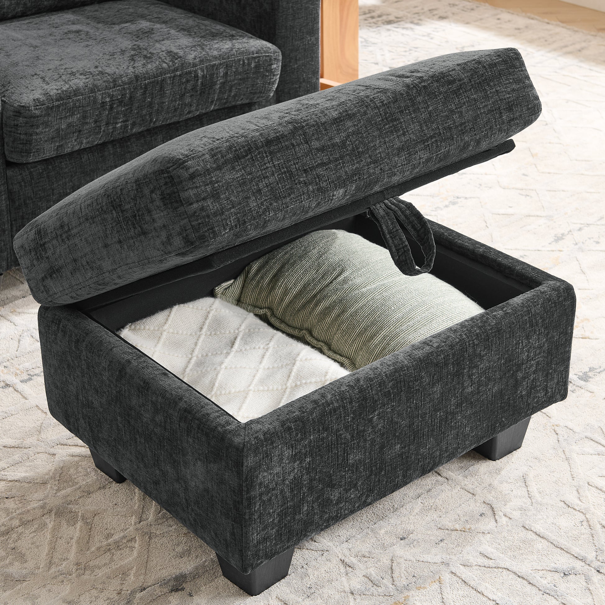 Single sofa recliner with manually adjustable backrest, USB charging port on the armrest side, phone stand included, hidden armrest storage, and a matching storage ottoman-Black image 11