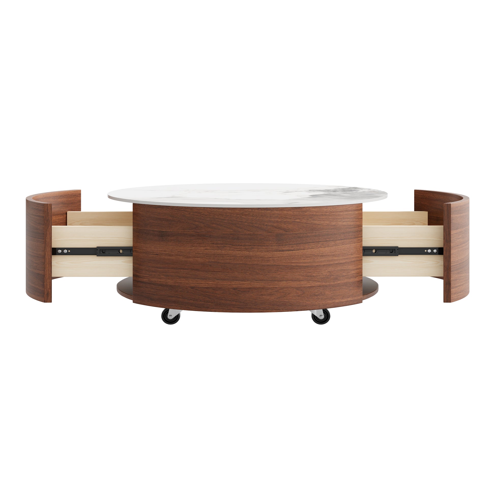 Modern Round Movable Coffee Table with Casters, 2 Drawers, Marble Pattern Sintered Stone Top, Walnut, 29.5" image 11