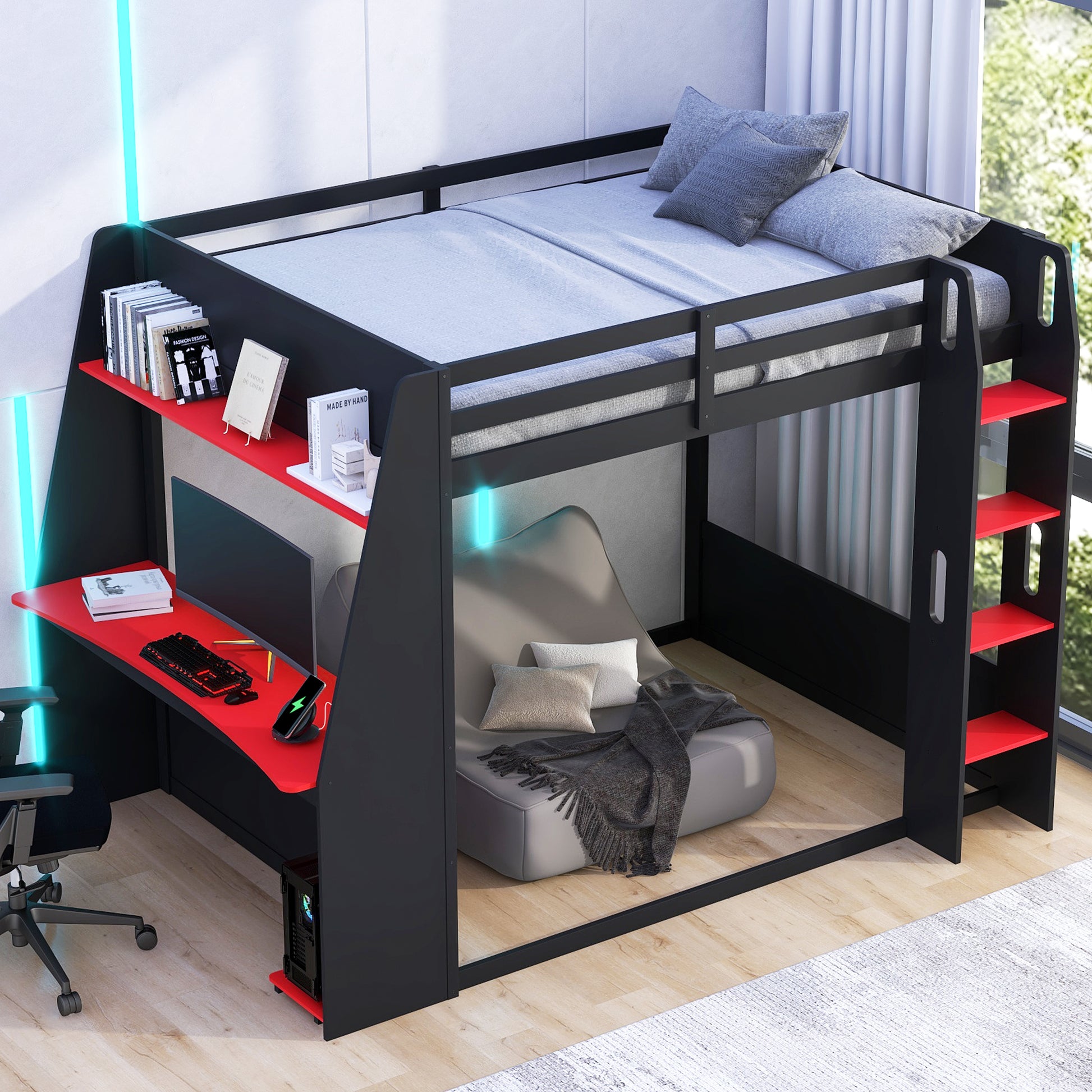 Full Size Wooden Gaming Bunk Bed with Desk,Two Storage Shelves,USB and LED Light image 3