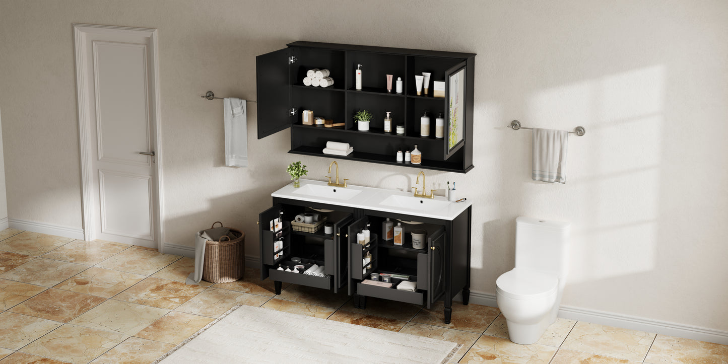 60" Double Sink Bathroom Vanity Set with Matching Wall Mount Medicine Cabinet, Vintage Raised Round Panel Doors & Tapered Legs, Soft Close Hinges, Adjustable Storage Shelves, Black image 3