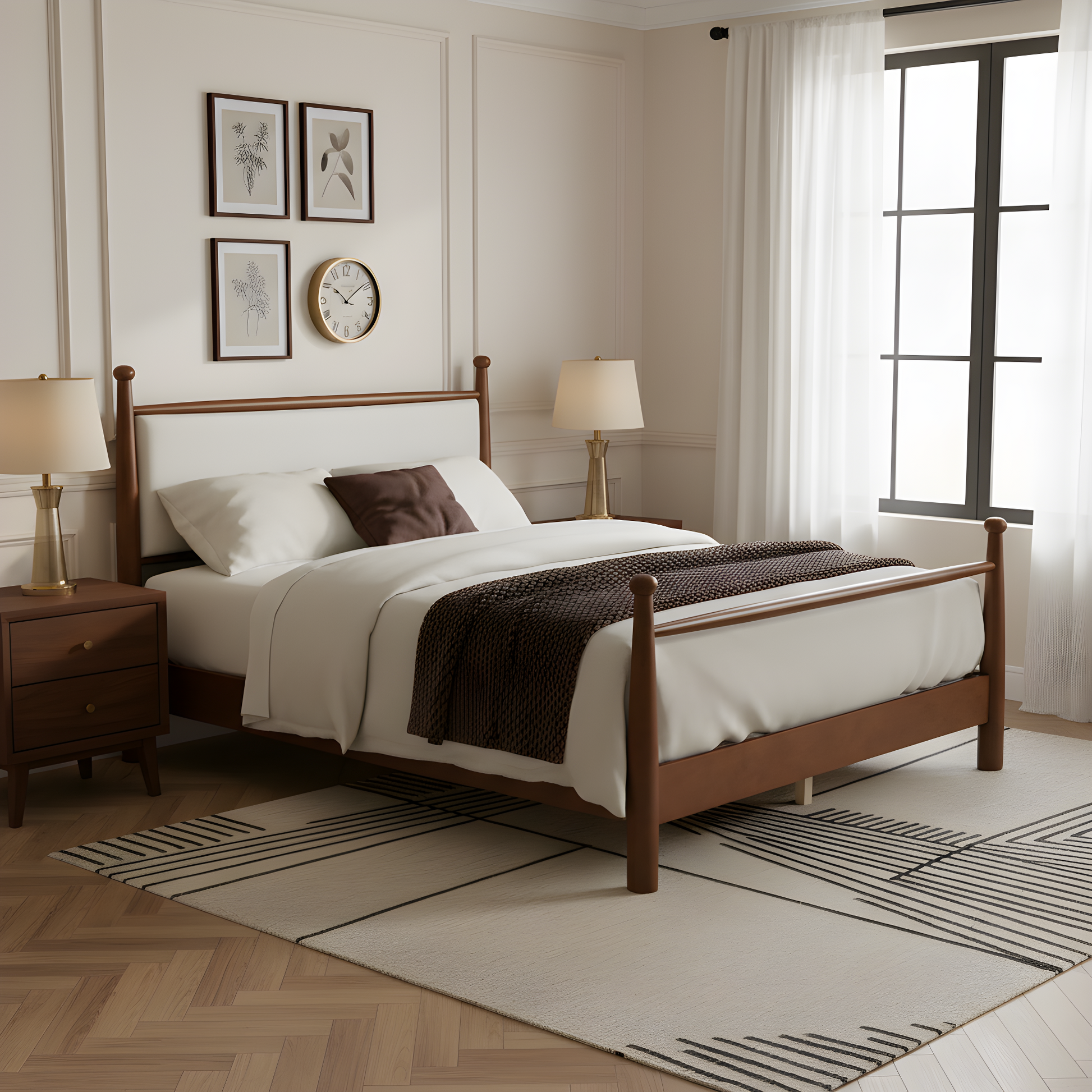 Solid Poplar & Plywood Bed Frame with Upholstered Headboard, Queen image 1