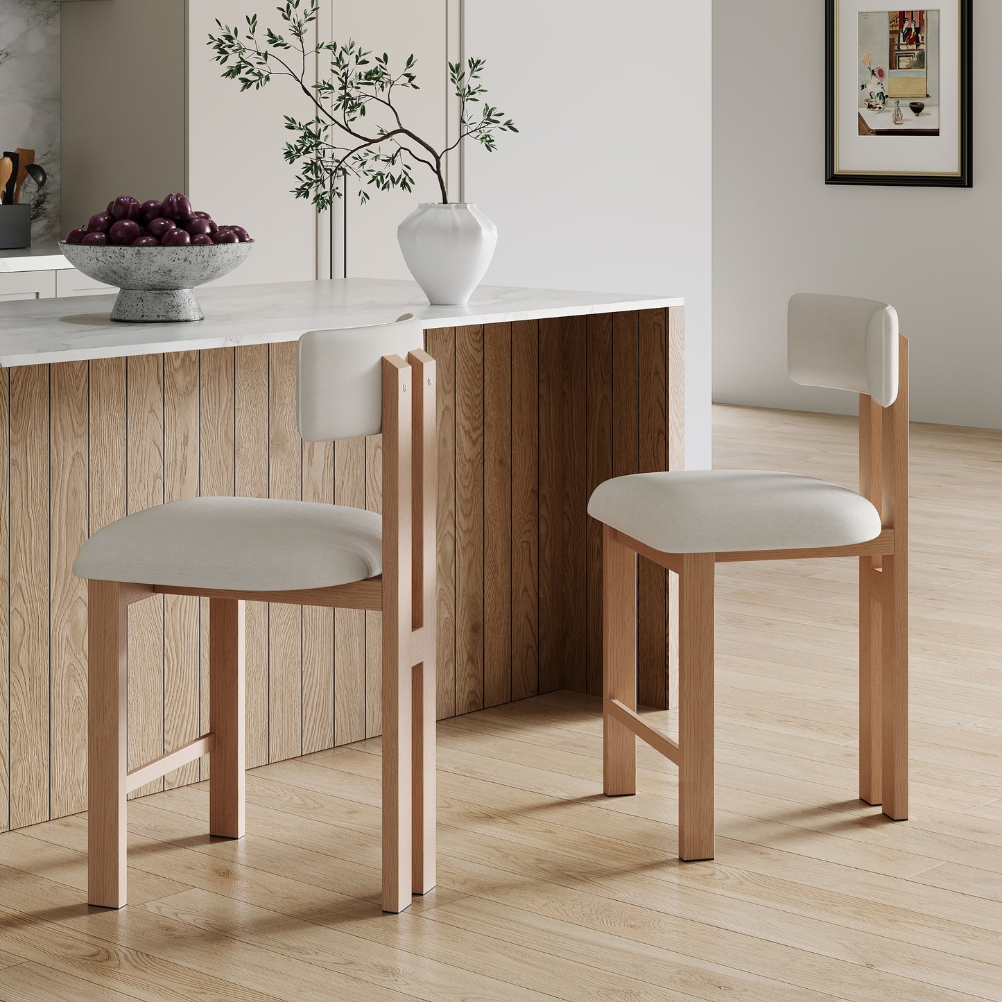 26.5'' Stylish Round Stools with Low Back - Comfortable Upholstered Seat & Natural wood color Metal Frame for Kitchen & Dining image 1