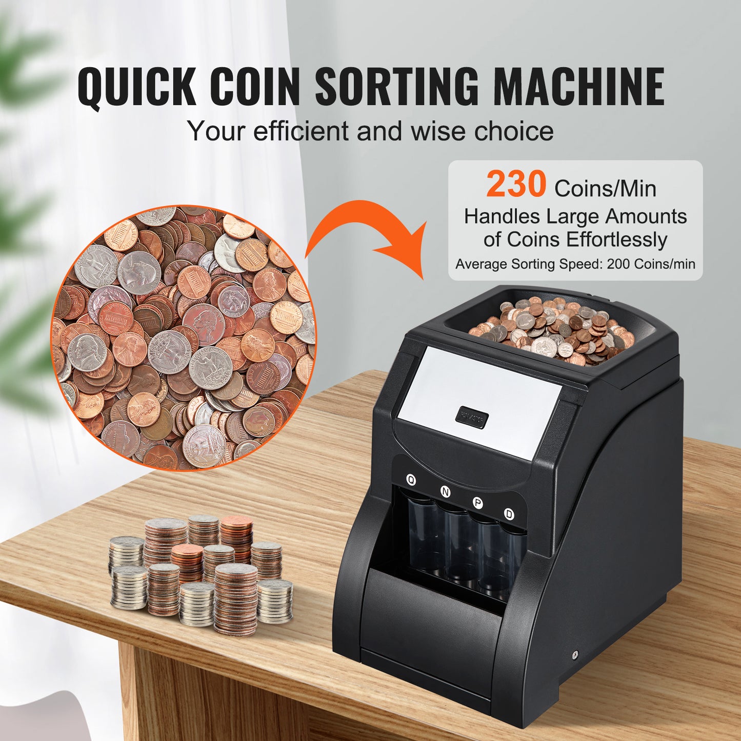 USD Coin Sorter, Coin Sorter Machine for USD Coin 1￠ 5￠ 10￠ 25￠, Sorts up to 230 Coins/min, Coin Sorter and Wrapper Machine Holds 200 Coins Included 4 Coin Tubes, Black image 6