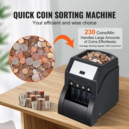 USD Coin Sorter, Coin Sorter Machine for USD Coin 1￠ 5￠ 10￠ 25￠, Sorts up to 230 Coins/min, Coin Sorter and Wrapper Machine Holds 200 Coins Included 4 Coin Tubes, Black image 6