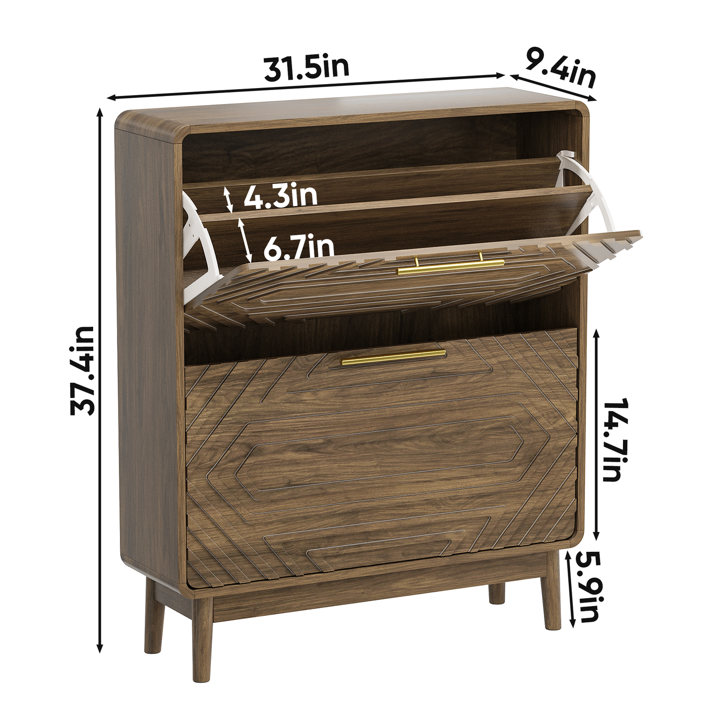 31.5" Walnut Shoe Cabinet, Mid-Century Modern Freestanding Shoe Cabinet, Freestanding Organizer with 2 Flip-Top Drawers, Suitable for Entry, Hallway and Foyer image 6