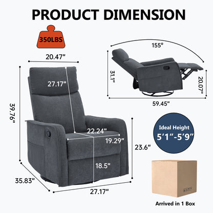 Heat Massage Manual Recliner Chair with Rocker and Swivel in Fabric for Living Room, Grey image 2