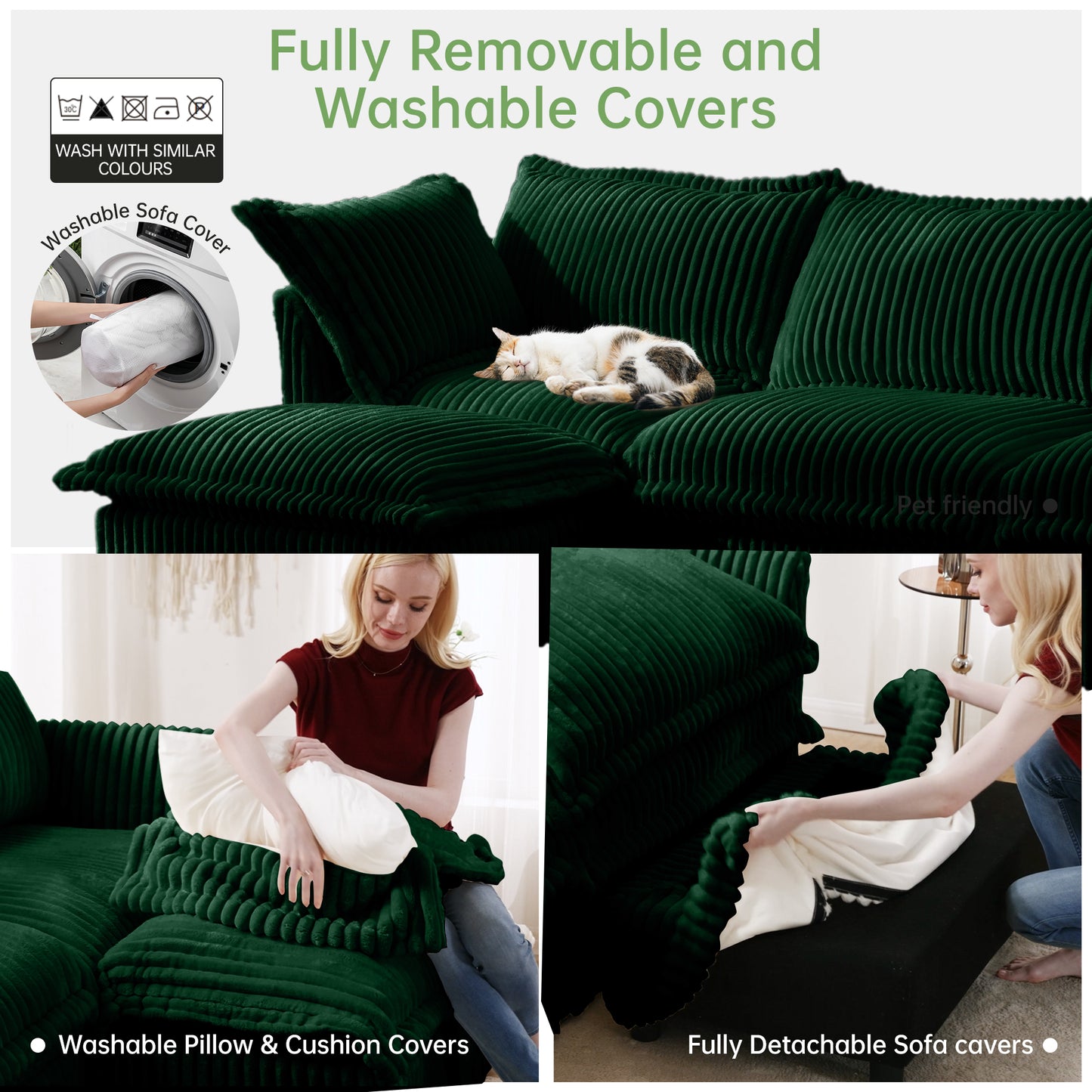 Slipcovered Sofa 2 Seater Sofa With 2 Ottomans, 2 Seater Sleeper Sofa Bed Home Theater Oversized Sofa For Living Room, Corduroy, Green image 5