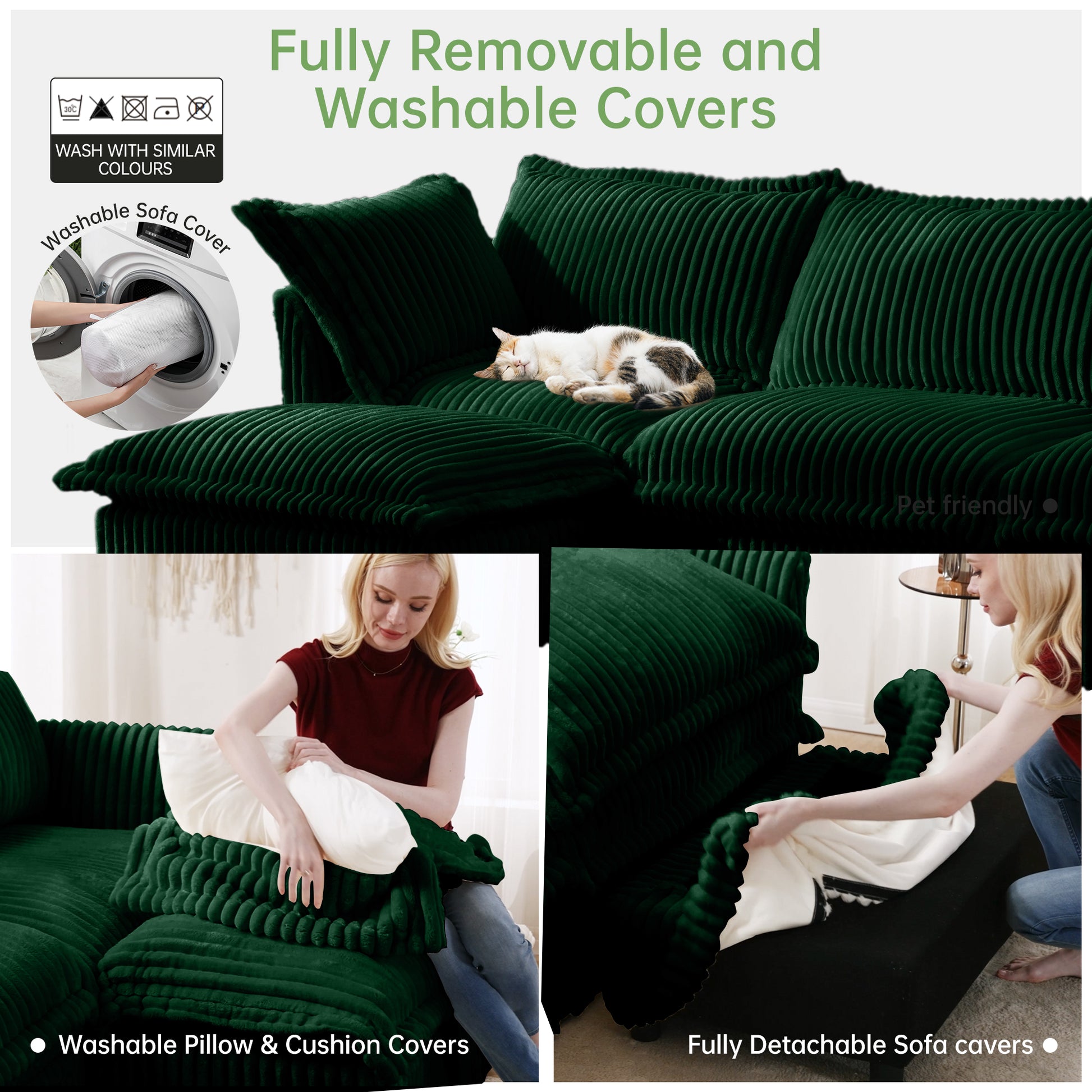 Slipcovered Sofa 2 Seater Sofa With 2 Ottomans, 2 Seater Sleeper Sofa Bed Home Theater Oversized Sofa For Living Room, Corduroy, Green image 5