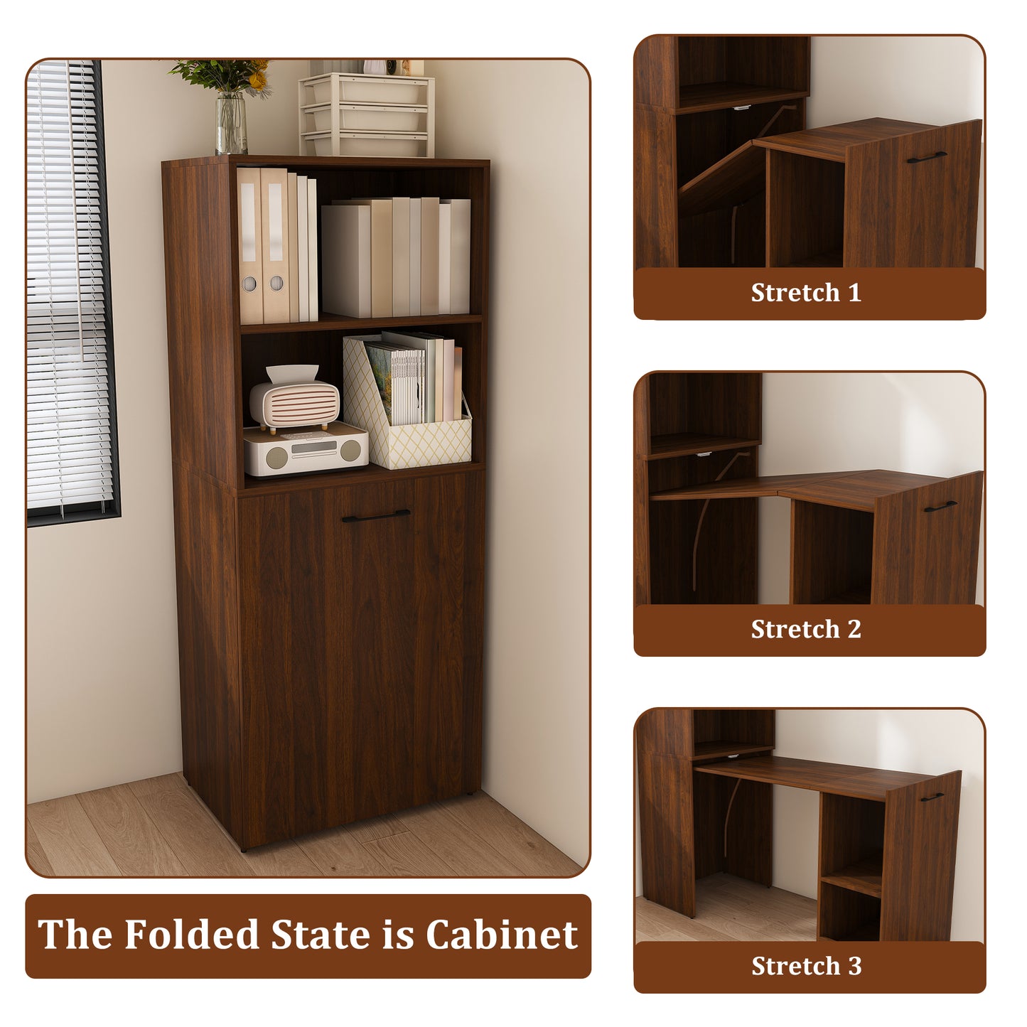 Stretchable desk, office desk with storage shelves and mobile wheels, foldable desk suitable for small apartments and offices,walnut image 7