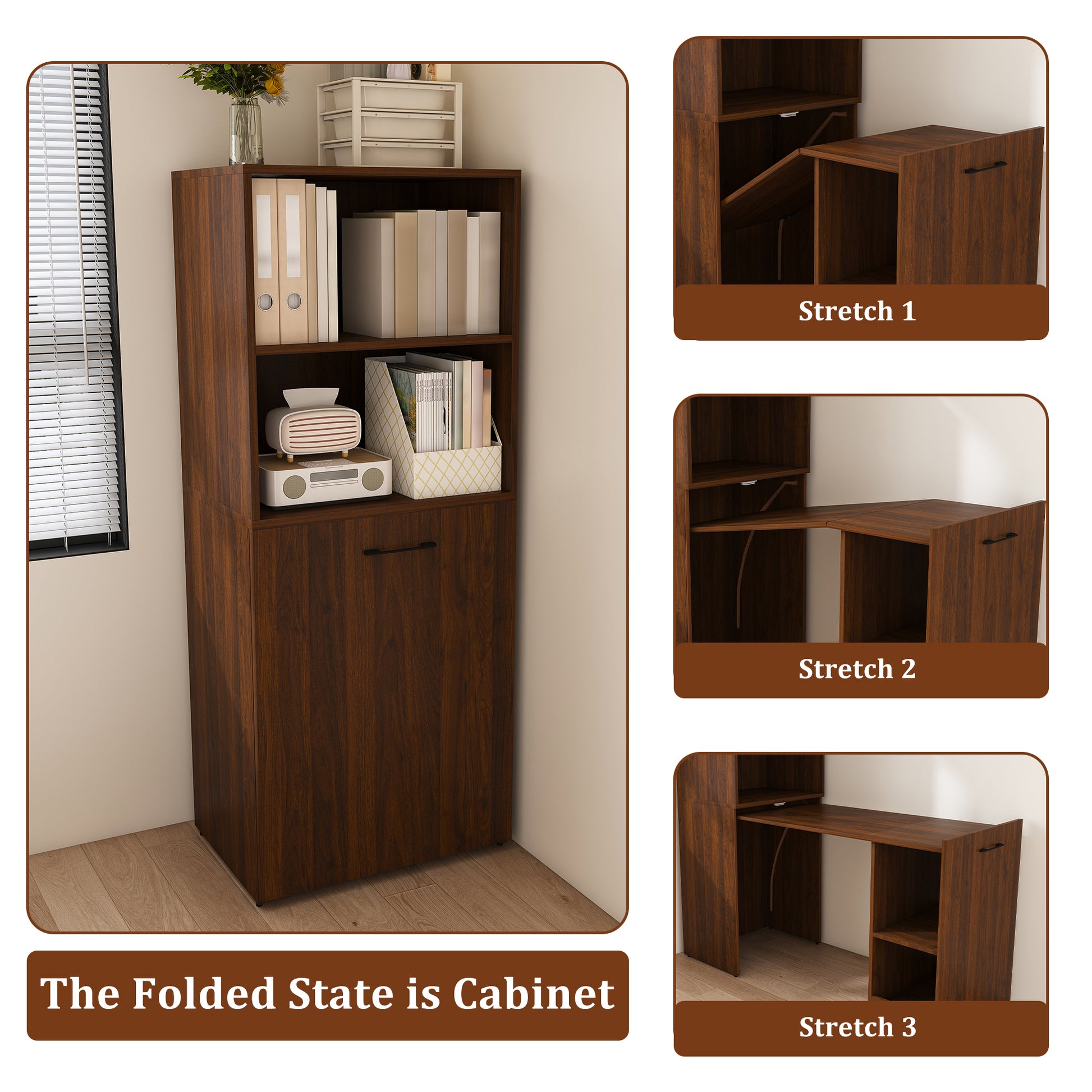 Stretchable desk, office desk with storage shelves and mobile wheels, foldable desk suitable for small apartments and offices,walnut image 7
