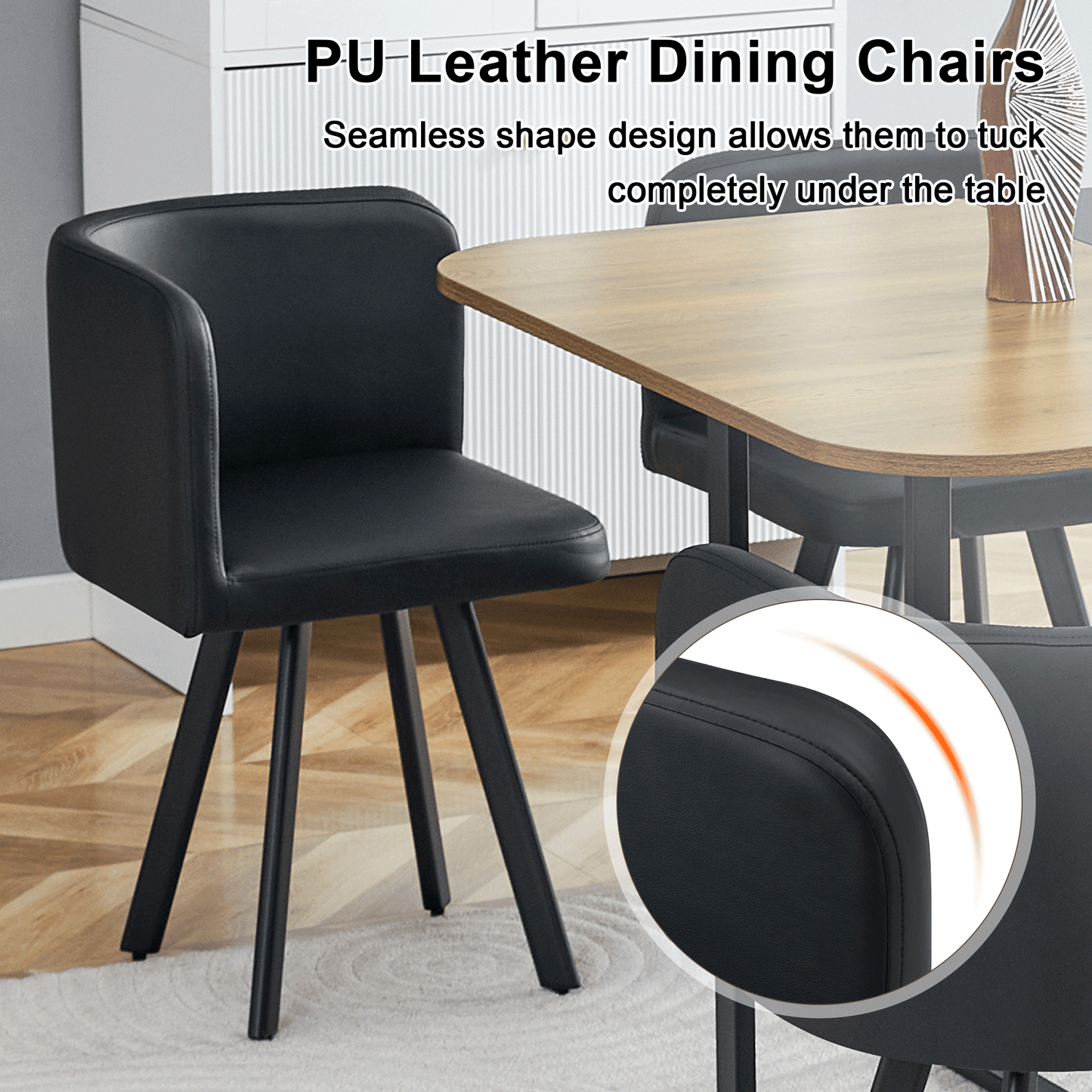 7-Piece Dining Table Set for 6, 1 Table & 6 Black PU Upholstered Chairs, Black & Wood Grain Melamine Table, Modern Kitchen Nook Set for Dining Room, Apartment & Small Space image 9