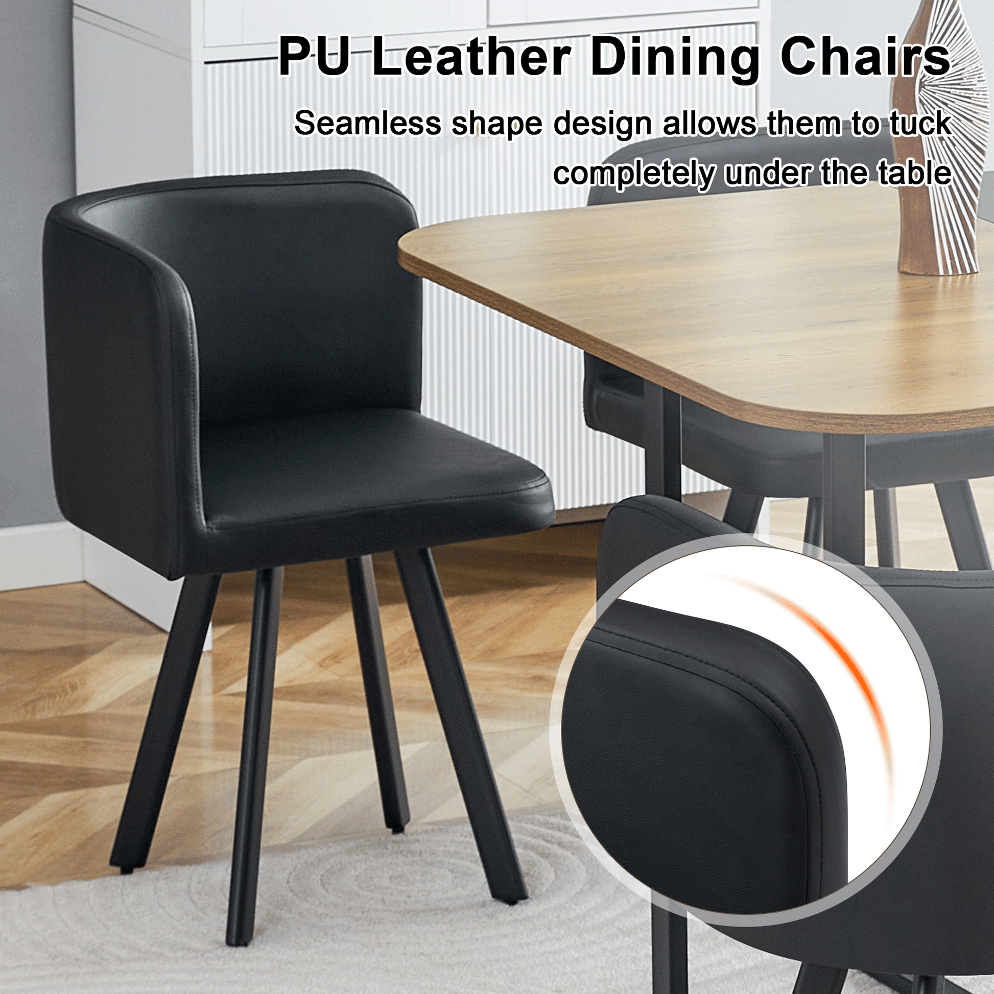 7-Piece Dining Table Set for 6, 1 Table & 6 Black PU Upholstered Chairs, Black & Wood Grain Melamine Table, Modern Kitchen Nook Set for Dining Room, Apartment & Small Space image 9