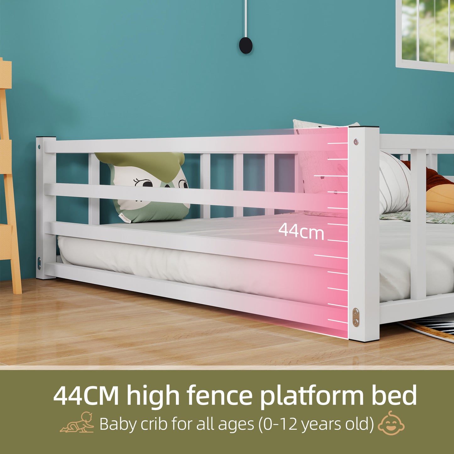 Full Size Floor Bed, Low Profile Metal Platform with Heavy Duty Guardrails, No Box Spring Needed, White image 6