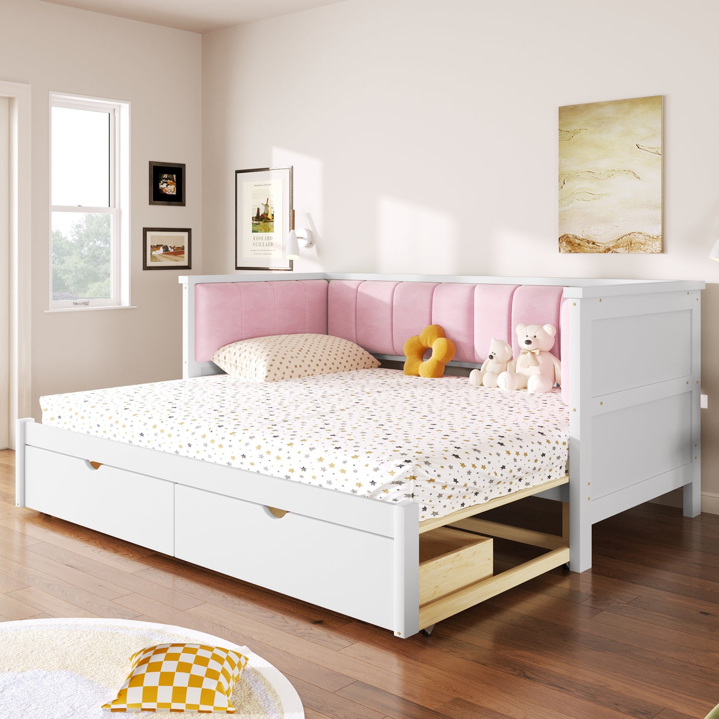 Twin XL to King Size Daybed with Two Storage Drawers and Upholstered Backrest, White+Pink image 1