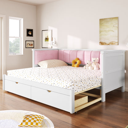 Twin XL to King Size Daybed with Two Storage Drawers and Upholstered Backrest, White+Pink image 1