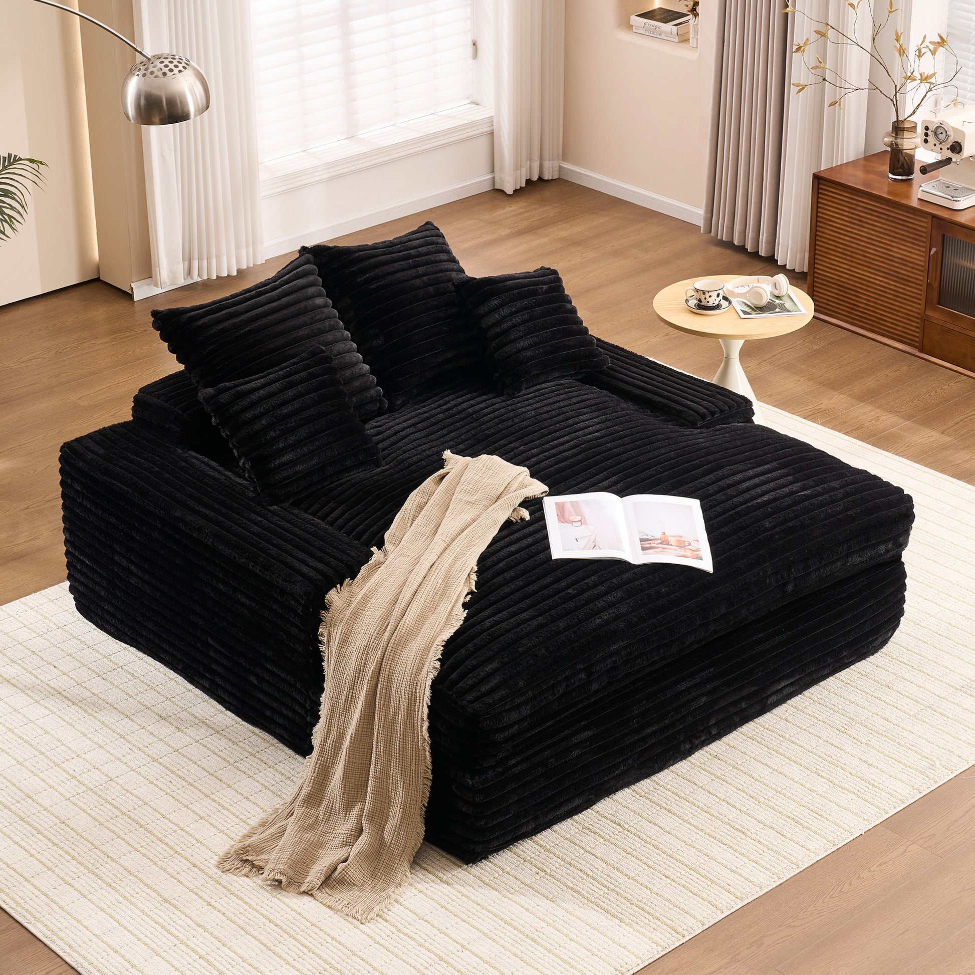 028DR-Oversized chaise Lounge chair, Upholstered Sleeper Sofa Bed with 4 Throw Pillows and Armrests, Corduroy Fabric Plush Lounge Chair Bed for Living Room, Apartment & Small Spaces, Black image 8