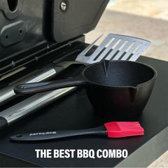 Cast Iron Basting Pot and Silicone BBQ Brush - BBQ Basting Set with Saucepan and Brush for Meat Smoker, Grill and Stove - BBQ Meat Smoker Accessories Gift for Men, 15 Oz