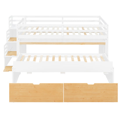 Full XL Loft Bed with Pull-Out Desk and Twin Trundle, Multi-Functional Bunk Bed with 2 Storage Drawers and Storage Steps, Space-Saving Gaming & Workstation Bedframe, White+Wood Color image 7