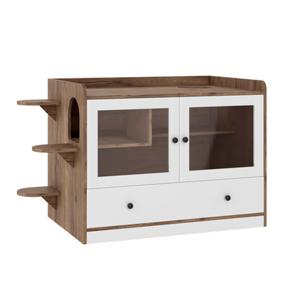 Cat Litter Box Enclosure, Hidden Cat Litter Box Furniture with Drawer and Stairs, Wooden Cat House Washroom for Bedroom,Cat Cabinet Side Table for Living Room, Brown and White image 12