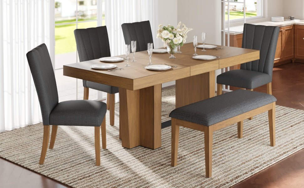 TOPMAX Farmhouse 78.1inch Extendable Wood Dining Table Set for 6, Kitchen Table Set with Bench and 4 Upholstered Chairs,3.8inch Thick Tabletop and Trestle Legs for Kitchen, Dining Room, Brown+Gray image 4