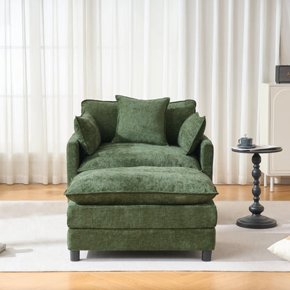 39.4" Modern Accent Chair with Ottoman, Living Room Club Chair Chenille Upholstered Armchair, Reading Chair for Bedroom, Green Chenille image 3